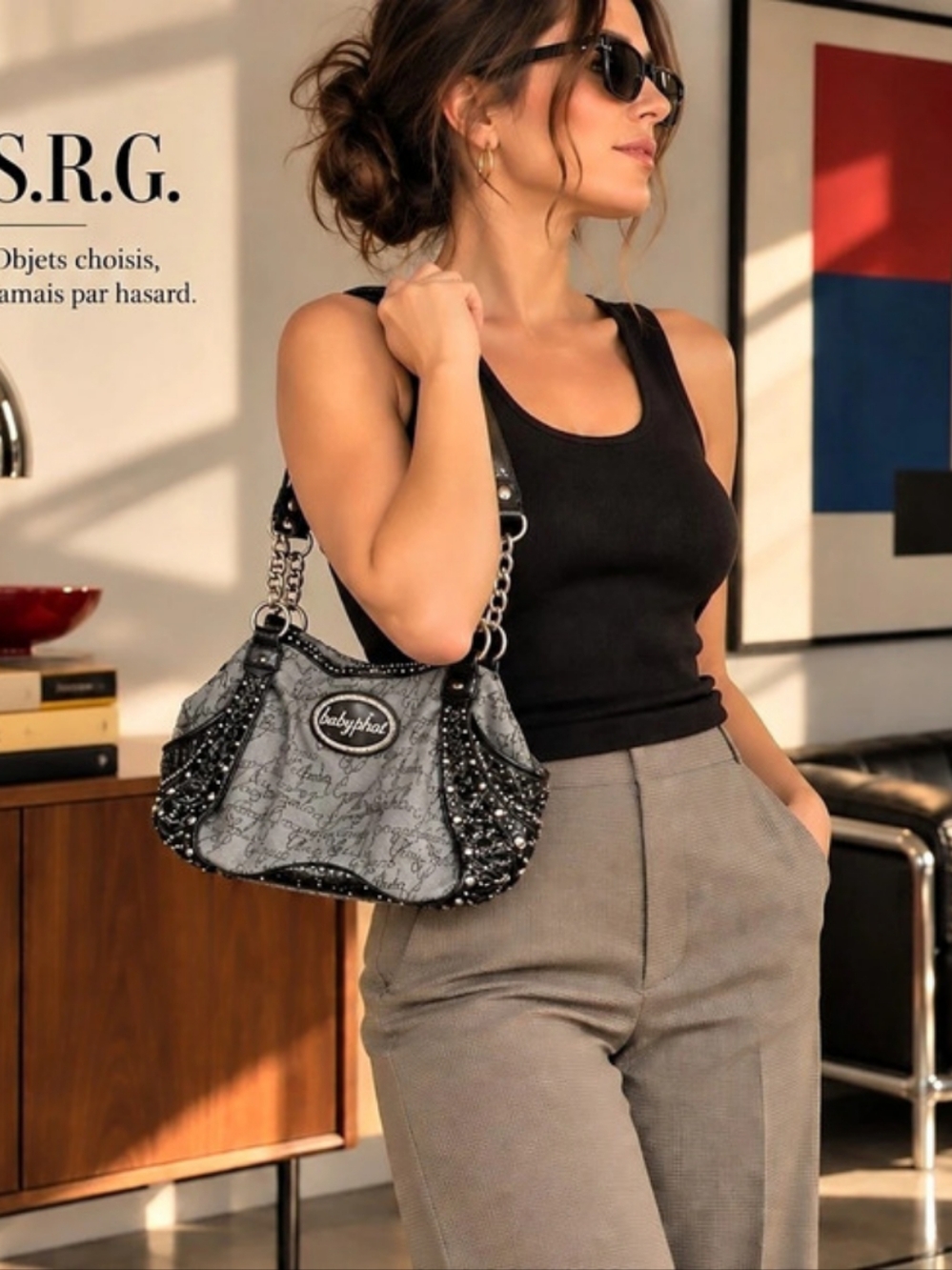 Vintage Baby Phat Gray & Black Studded Shoulder Bag Y2K